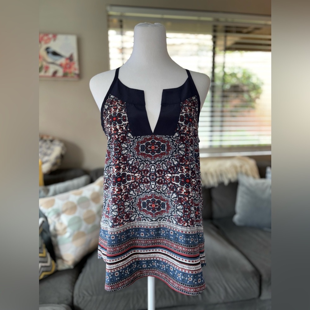 Athleta Tank Top Blue Medallion Dunes Halter Tassel Tie Sz XS